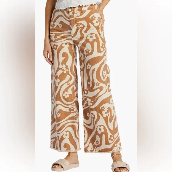 Billabong free fall high waisted wide leg pants orange white 70’s. Floral print - Picture 6 of 16